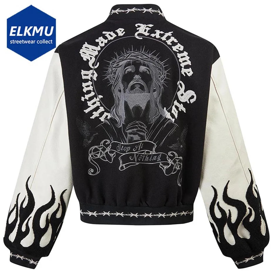 Jesus Embroidery Bomber Jacket Letter Patchwork Jacket Men Harajuku Hip Hop Streetwear Varsity Jackets Black Loose Outerwear Y2K