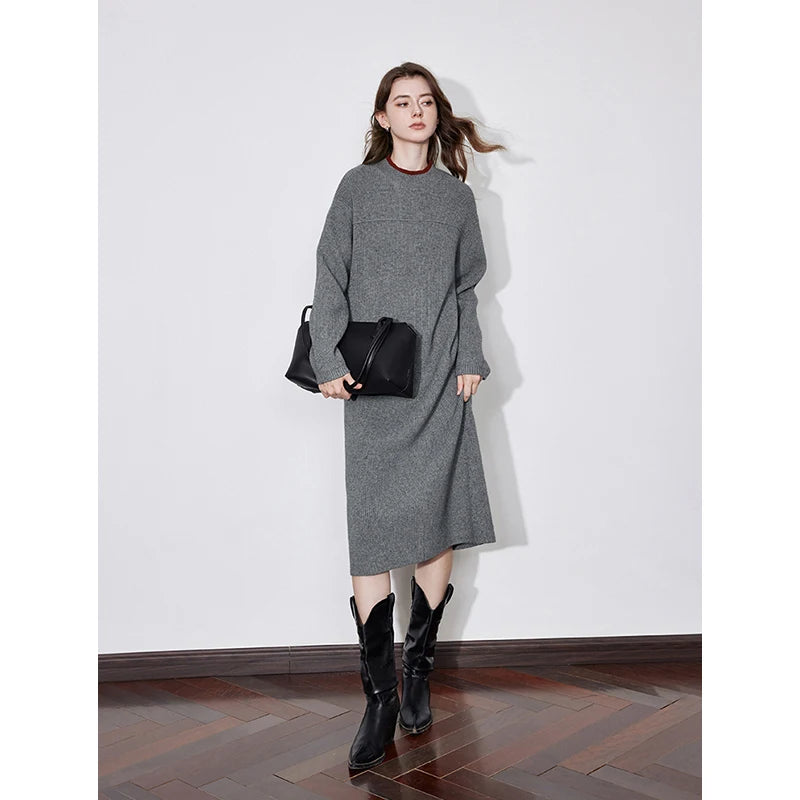 TOYOUTH Women Skirt 2024 Autumn and Winter Elegant Style Contrasting Color Woolen Straight Knitted Dress Gray