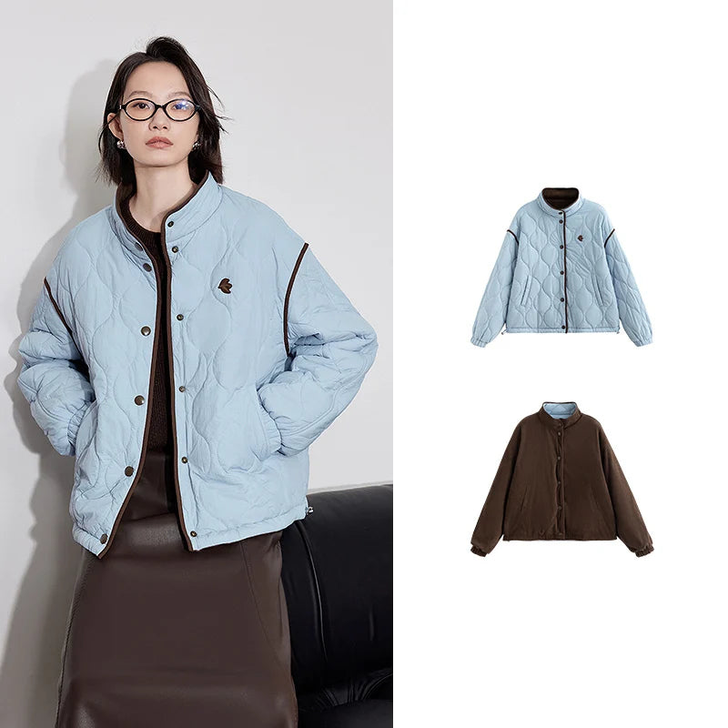 TOYOUTH Women Thick Cotton Coat 2024 Winter Long Sleeve Lapel Collar Contrasting Color Splicing Elegant Outwear Jacket Coat