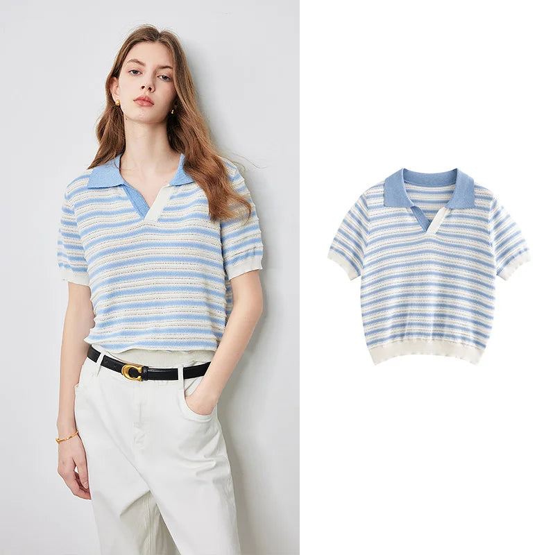 TOYOUTH Women Knitwear 2024 Summer New Striped Polo Collar Hollow Out Casual Short Sleeved Tops for Women