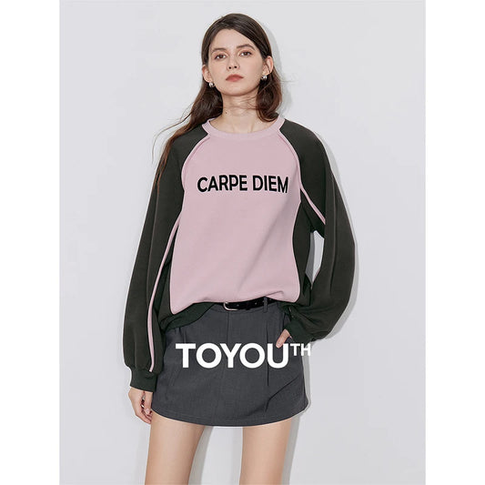 TOYOUTH Women Hoodies Sweatshirt 2024 Autumn New Letter Contrasting Color American Trending Pullover Tops