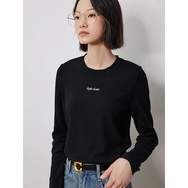 TOYOUTH Women Knitted Sweater 2024 Autumn New Round Neck Wave Edge Letter Embroidery Slim Waist Basic Shirt Tops