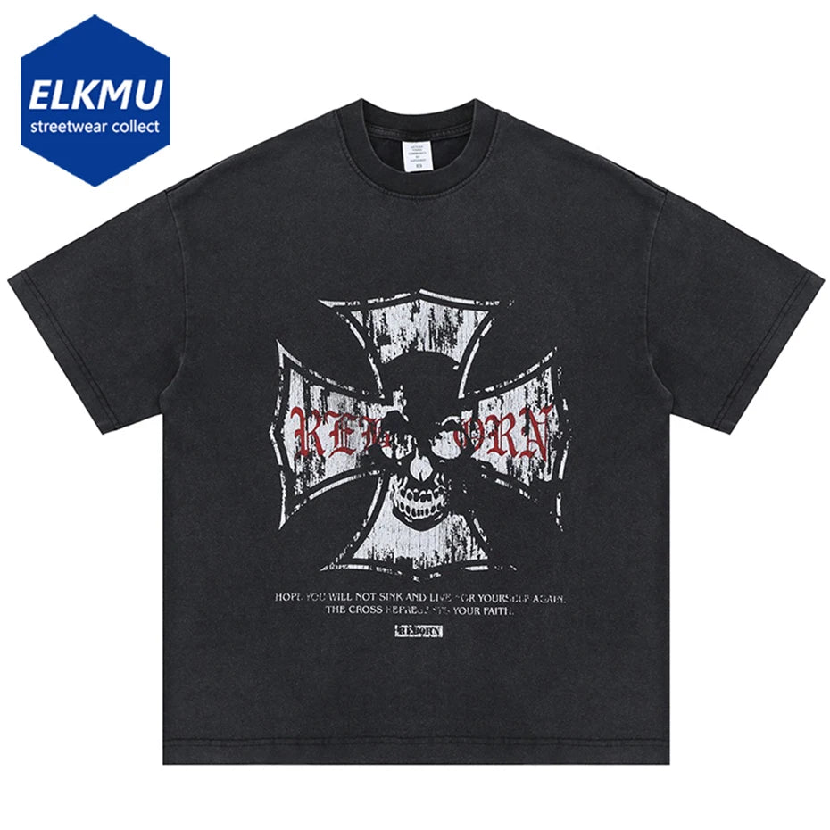 Cross Skulls Graphic T Shirts Men's Streetwear Harajuku Hip Hop Oversized T-shirt Y2K Vintage Loose Tee Tops