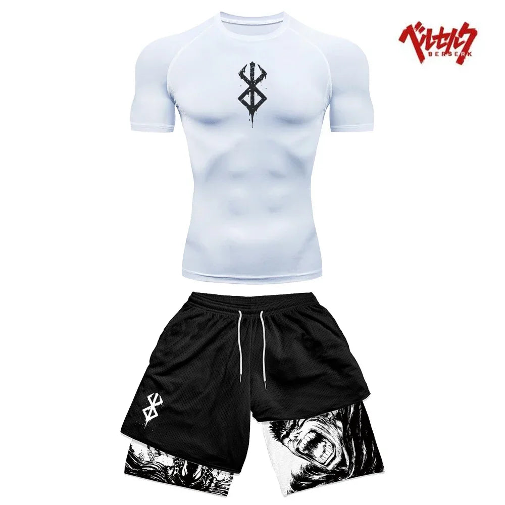 Anime Berserk Compression Set Fitness Suit for Men Quick Dry Compression Shirt+Gym Shorts Running Workout Summer Sportswear