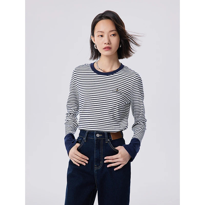 Toyouth Women Striped Tees 2024 Autumn Long Sleeve Round Neck Slim Stretch T-shirt Navy White Stripe Embroidery Casual Tops