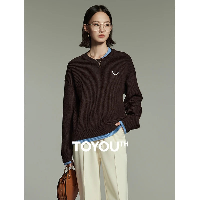 Toyouth Women Fake Two Piece Pashmina Sweater 2023 Winter Long Sleeve Round Neck Loose Knitwear Contrast Stitching Warm Tops