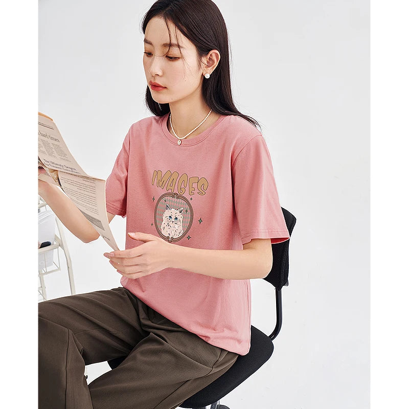 Toyouth Women T-shirt 2023 Spring Short Sleeve O Neck Loose Tees Cute Graphic Print Four Colors Pure Cotton Comfort Casual Tops