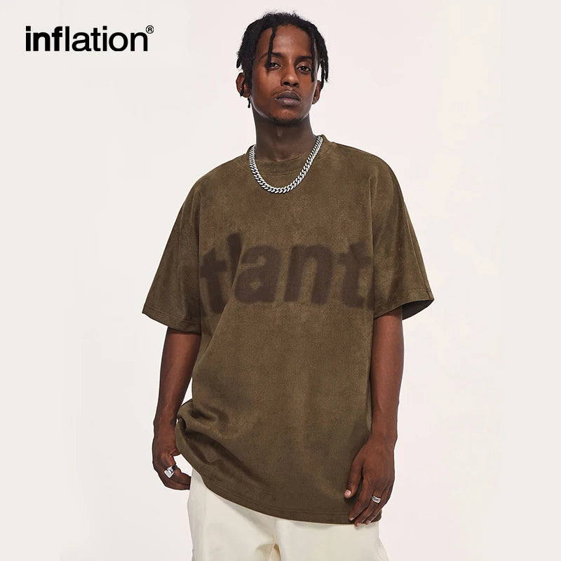 INFLATION High Street Faux Suede T-shirts Men Streetwear Oversized Tees Unisex