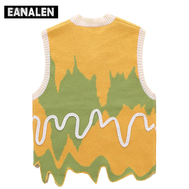 Harajuku Black Green Colorblock Jumper Sweater Vest Women's y2k Retro Oversized Knitted Ugly Sleeveless Sweater Men's Aesthetic