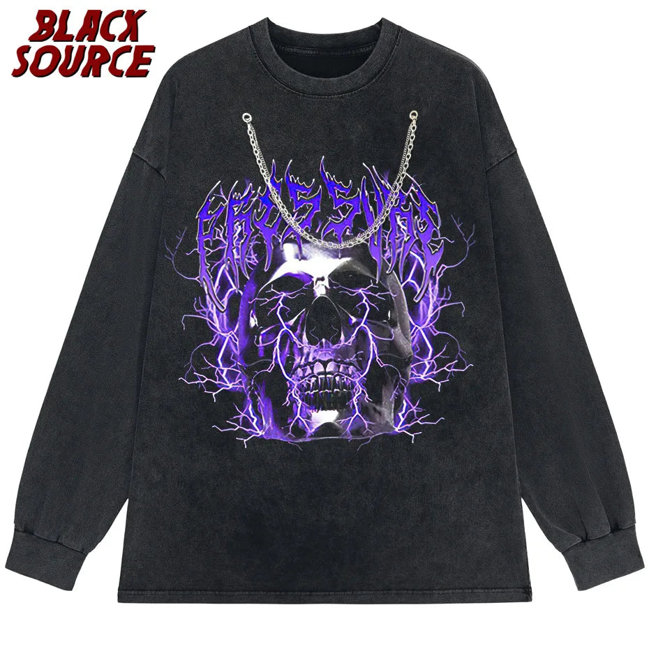 Y2K Hip Hop Black Oversized Cotton T-Shirt Gothic Skull Purple Print Harajuku Retro Aesthetic Gothic Graphic Punk Clothes