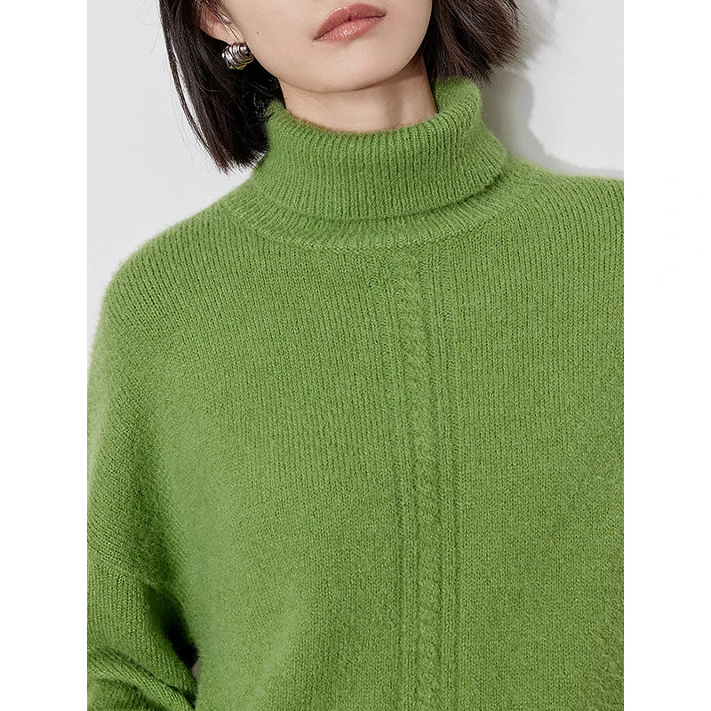 TOYOUTH Women Turtleneck Sweater 2024 Winter New Green Thicken Warm Short Mohair Pullover Tops