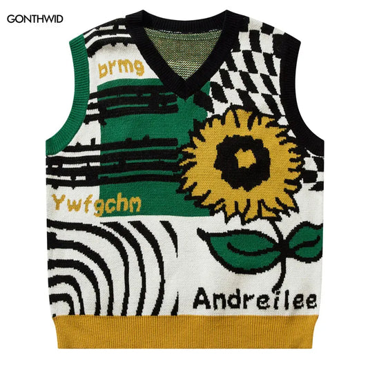 Vintage Sweaters Vest Y2K Knitted Sunflower Patchwork Sleeveless Jumpers Streetwear Hip Hop Harajuku Casual Baggy Pullover Vest