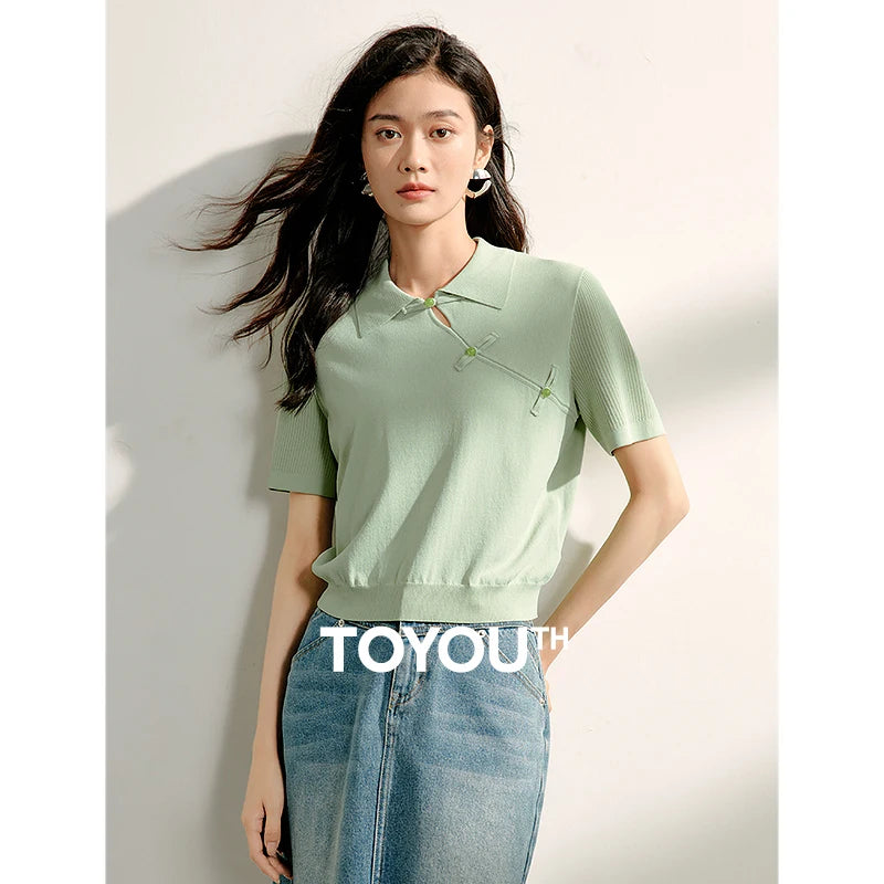 TOYOUTH Women Knitwear 2024 Summer New Chinese Style Pan Button Turn Down Collor Short Sleeve Knitted Tops