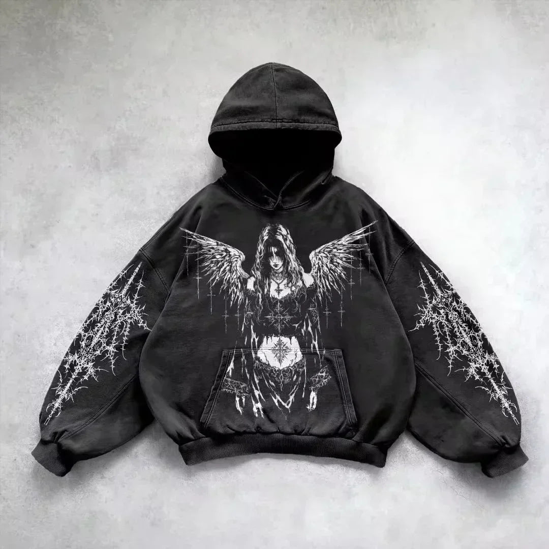 Y2K Fashion Zip up Hoodie New Gothic Oversize Pattern Print Embroidery Hoodie Coat For Men Loose Sweatshirt Couple Casual Hoodie