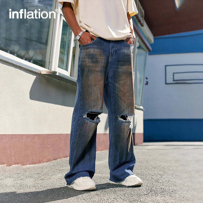 INFLATION Faded Effect Wide Leg Denim Pants Men Streetwear Distressed Loose Fit Ripped Jeans