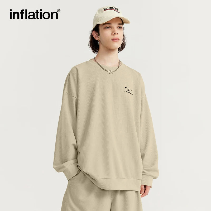 INFLATION Spring Oversized Tracksuit Sportswear Unisex Pique Fabric Embroidery Long Sleeve Tees and Shorts Set