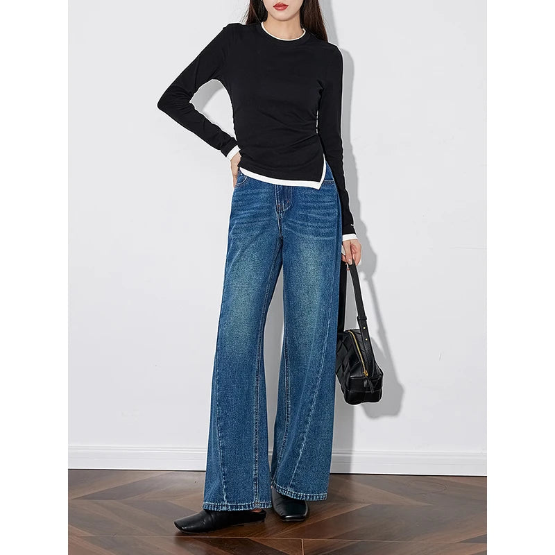 TOYOUTH Women Denim Jeans 2024 Autumn Winter New Cowboy Design Fashionable Mid Waist Straight Wide Leg Long Pants