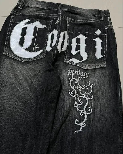 Skull geometric gothic pattern popular street high-waisted jeans men 2000s American vintage hip-hop fashion straight baggy pants