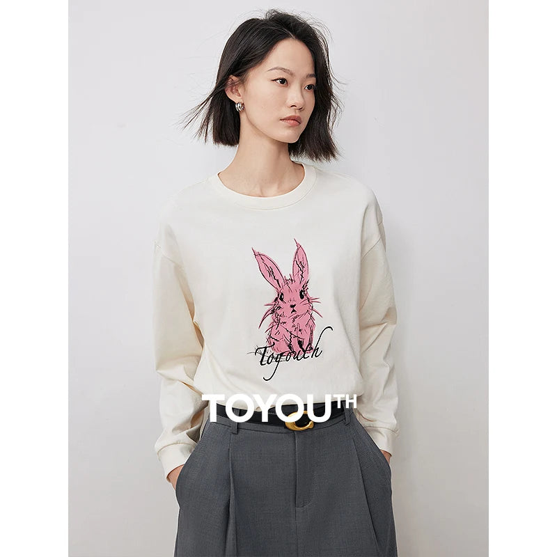 TOYOUTH Women Long Sleeve T-shirt 2024 Autumn New Rabbit Printed Pullover White Tops