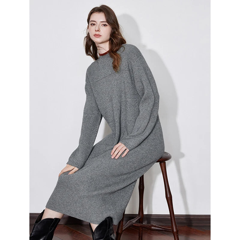 TOYOUTH Women Skirt 2024 Autumn and Winter Elegant Style Contrasting Color Woolen Straight Knitted Dress Gray