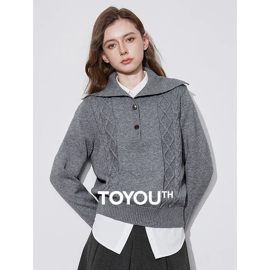 TOYOUTH Women Knitted Sweater 2024 Autumn Winter New Vintage Turn Down Collar Long Sleeve Sports Woolen Pullover Tops Grey