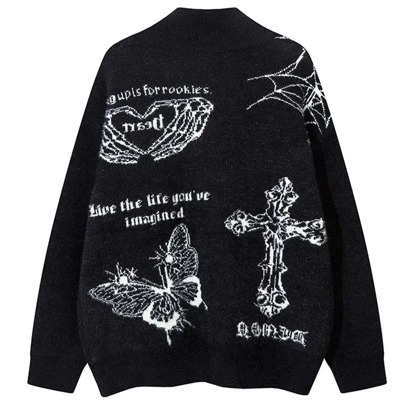 Vintage Oversize Sweater Cardigan Y2K Knitted Butterfly Double Zip Up Jumpers Streetwear Hip Hop Punk Gothic Loose Sweaters Coat