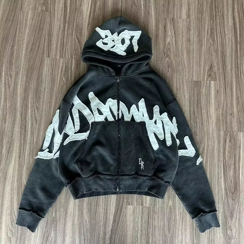 Y2K Fashion Trend New Letter Embroidery Watermark Zipper Hoodie Men Streetwear Gothic Vintage Hip Hop Pop Casual Couple Sweater