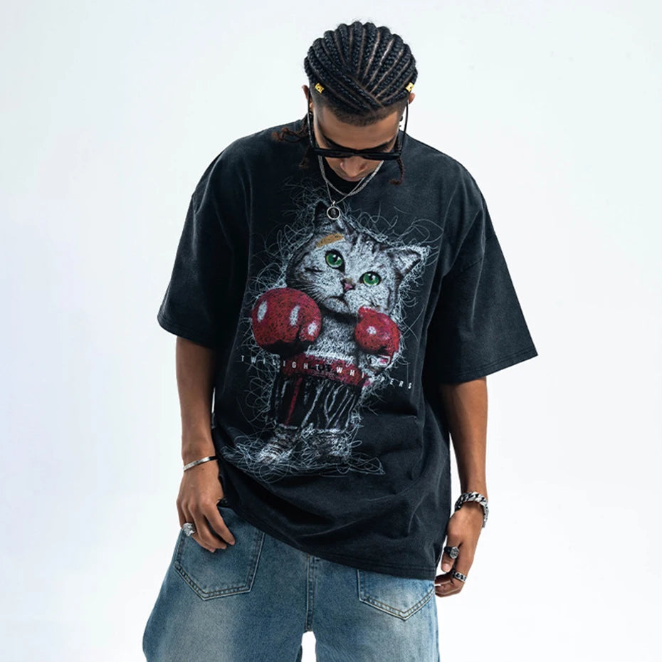 Funny Cats T Shirts Men's Streetwear Harajuku Hip Hop Oversized T-shirt Loose Casual Vintage Tee Tops