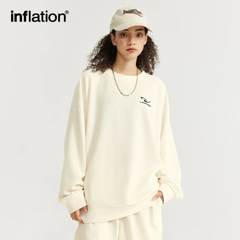 INFLATION Spring Oversized Tracksuit Sportswear Unisex Pique Fabric Embroidery Long Sleeve Tees and Shorts Set