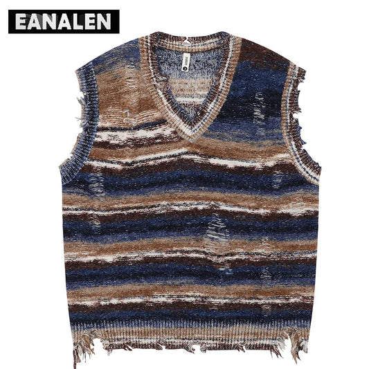 Harajuku Vintage Striped Sweater Vest Men's Designer Rapped Pullover Y2K Oversized Jumper Knitted Vest Women's Aesthetic Tie-Dye