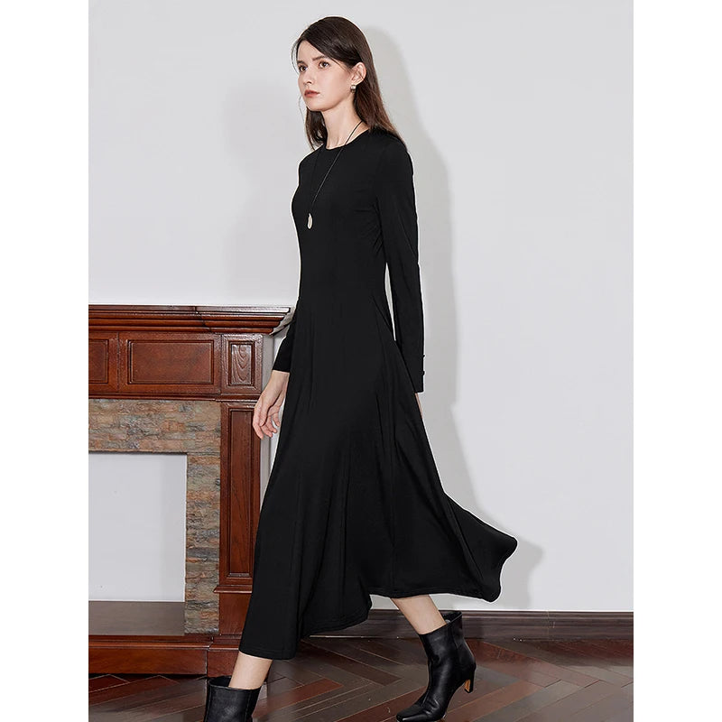 TOYOUTH Women Long Sleeve Dress 2024 Autumn New Long Sleeve Round Neck Slim Waist Black Casual Dress