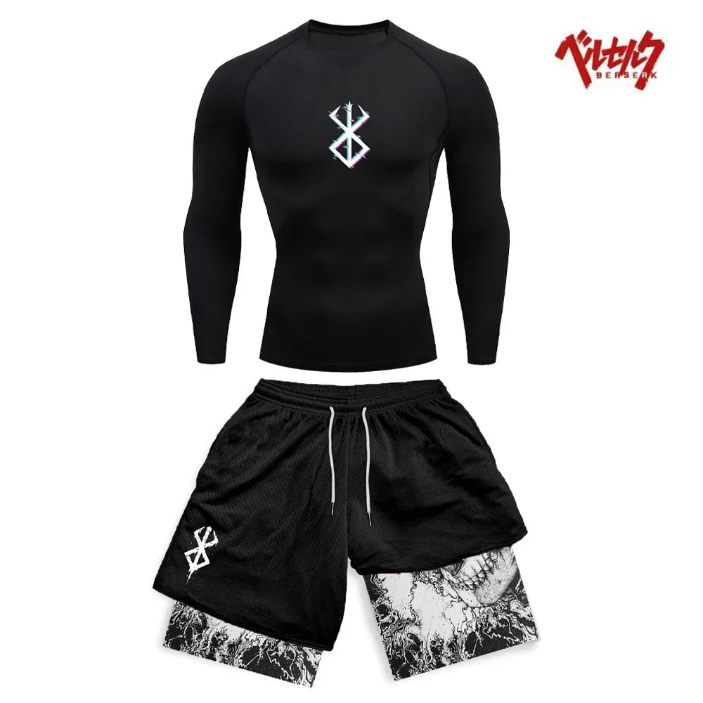 Anime Berserk Compression Set Fitness Suit for Men Quick Dry Compression Shirt+Gym Shorts Running Workout Summer Sportswear