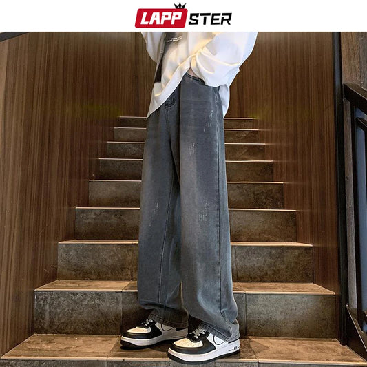 LAPPSTER Y2k Streetwear Baggy Stacked Jeans Men New Low Rise Korean Fashion Cargo Jeans Harajuku Vintage Black Cargo Denim Pants