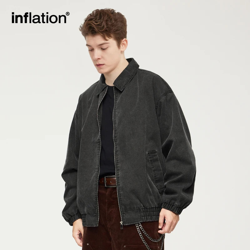 INFLATION Unisex Washed Vintage Denim Jacket American Short Cargo Turn-Down Collar Outerwear for Men