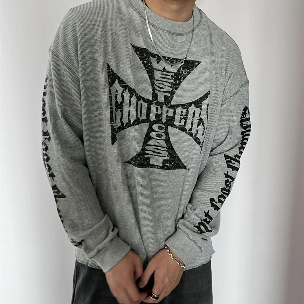 Yao888 Vintage Loose Streetwear HipHop Sanskrit Logo Print Tee Long Sleeve Oversize Y2k High Quality Fashion T Shirt For Men