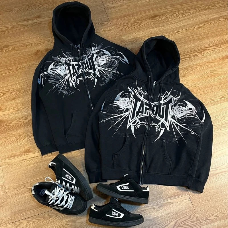 Y2K Fashion Tapout Zipper Hooded Sweater Retro Hip-hop Letter Printing Oversized Black Hooded Sweater Men And Women Gothic Tops