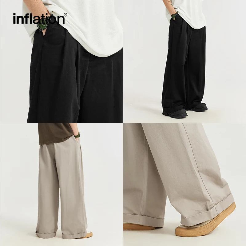 INFLATION Japanese Style Double Pleat Straight Leg Pants Unisex Trendy Casual Trousers