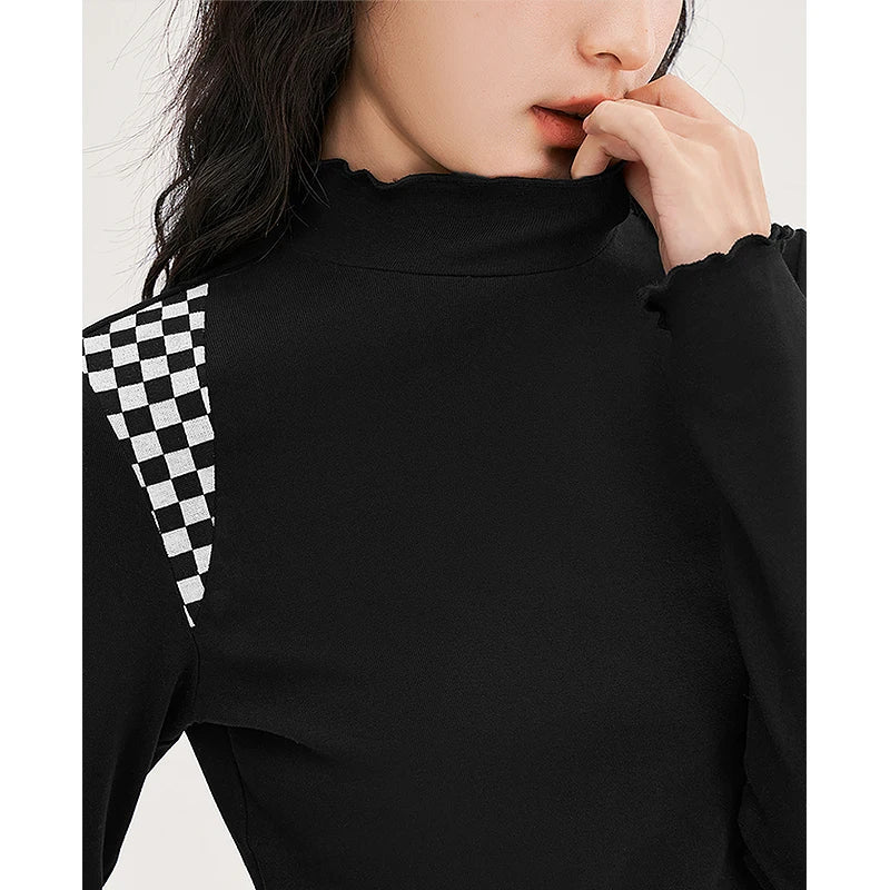 Toyouth Women Tees 2022 Winter Long Sleeve Petal Collar Elastic Fit Tshirt Black Splices Chessboard Casual Basic All Match Tops