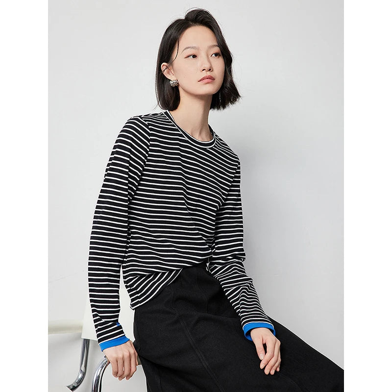 TOYOUTH Women Long Sleeve T-shirt 2024 Autumn New Striped Contrasting Color High Street Base Casual Tee Tops