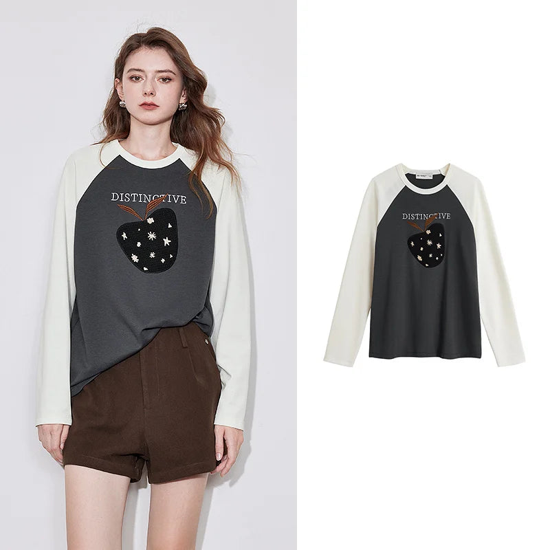 TOYOUTH Women Long Sleeve T-shirt 2024 Autumn New Apple Pattern Round Neck Cotton Outerwear White Tops