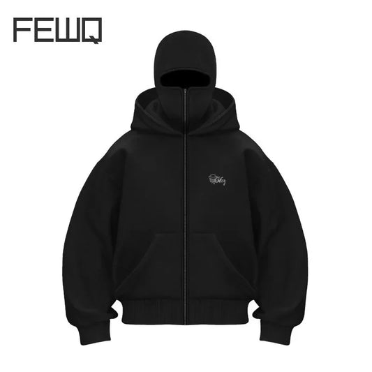 FEWQ Velvet Double Hat Unique Design Men Hooded Sweatshirt Autumn Winter 2024 Solid Color Long Sleeve Male Tops 24E5458