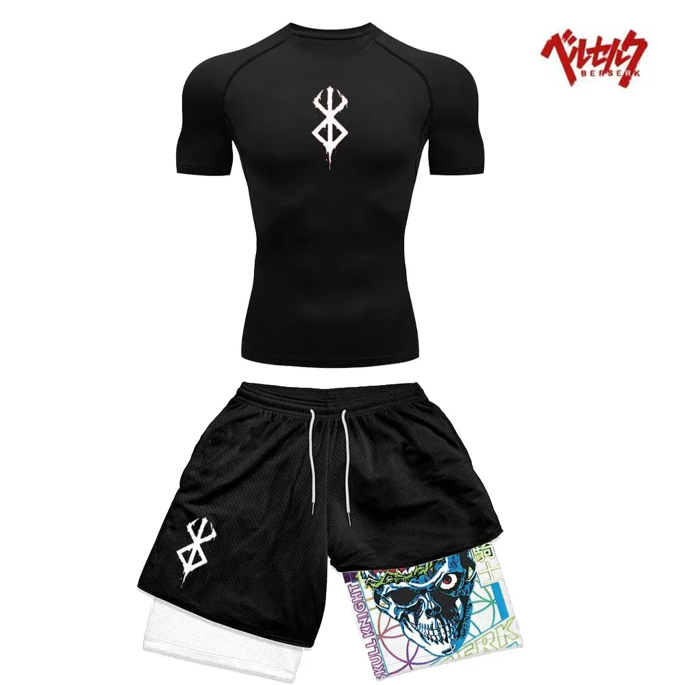 Anime Berserk Compression Set Fitness Suit for Men Quick Dry Compression Shirt+Gym Shorts Running Workout Summer Sportswear