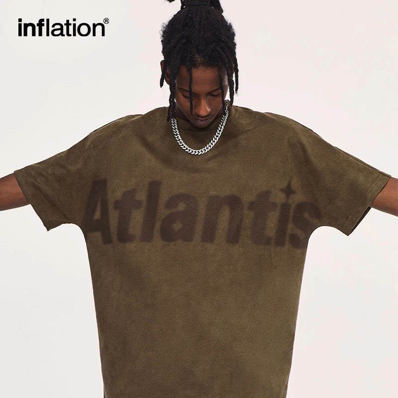 INFLATION High Street Faux Suede T-shirts Men Streetwear Oversized Tees Unisex