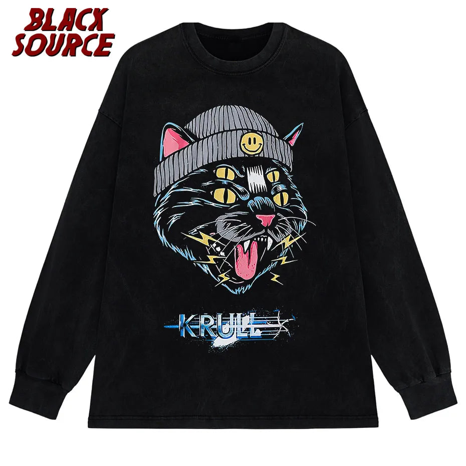 Hip Hop Oversized Tshirt Streetwear Cat Graphic Print Punk Gothic T-Shirt Men 2023 Casual Washed Tee Shirts Harajuku Cotton Tops