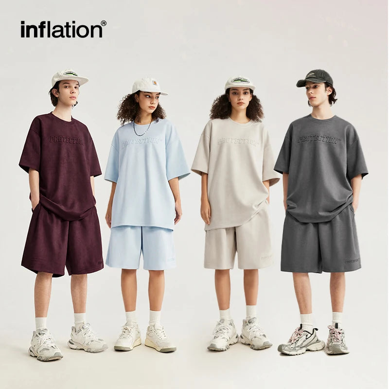 INFLATION Summer Oversized Tracksuit Set Unisex Suede Fabric Embossed T-shirts and Shorts Set