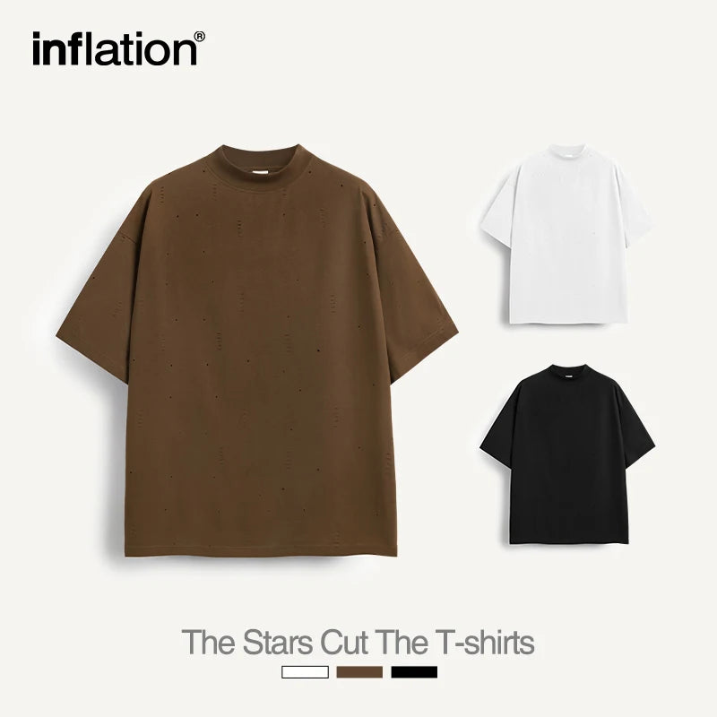 INFLATION Streetwear Ripped Tees Men Heavyweight Mock Neck Oversized Cotton Tshirts