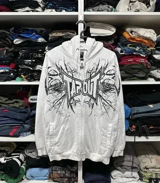 Y2K Fashion Tapout Zipper Hooded Sweater Retro Hip-hop Letter Printing Oversized Black Hooded Sweater Men And Women Gothic Tops