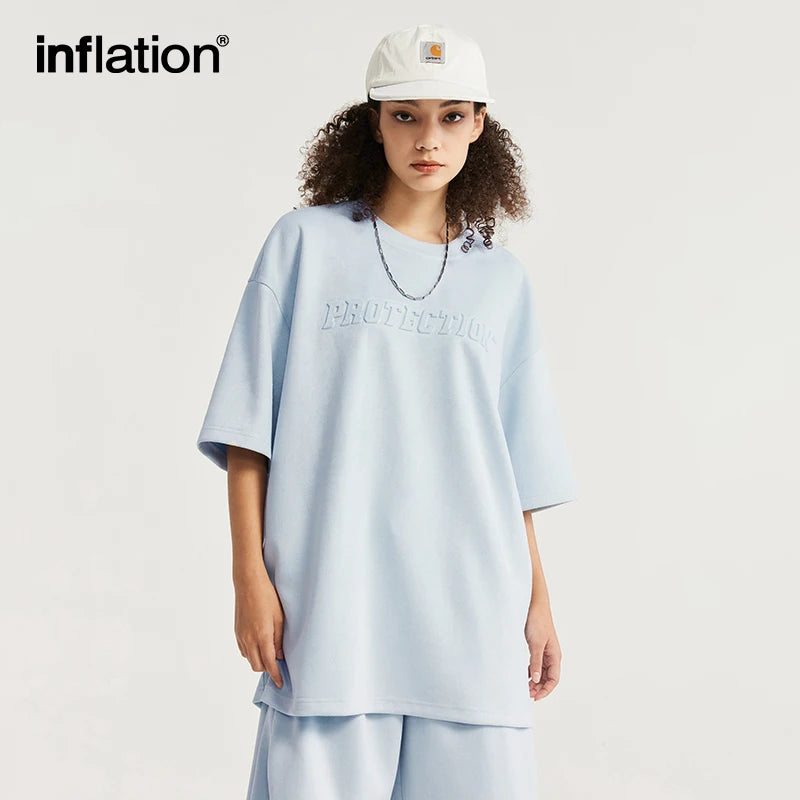 INFLATION Summer Oversized Tracksuit Set Unisex Suede Fabric Embossed T-shirts and Shorts Set