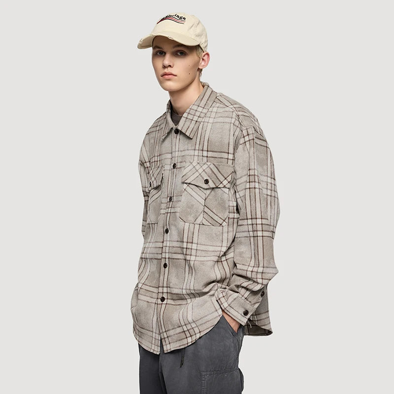 INFLATION Unisex Distressed Plaid Long-Sleeved Shirts American Retro Casual Oversize Men's Shirt