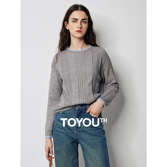 TOYOUTH Women Sweater 2024 Autumn Winter New Contrast Color Twisted Pattern Pullover Knitted Sweater Gray